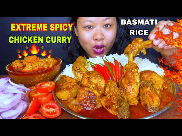 EATING SPICY CHICKEN CURRY WITH BASMATI RICE & SALAD MUKBANG | SPICY CHICKEN CURRY MUKBANG ASMR