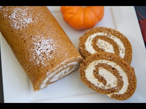 Easy Pumpkin Cake Roll w/ Cinnamon Pecan Cream Cheese Filling