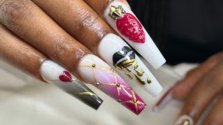 ❤️Airbrush Ombre and Gold Lip Drip Design | Long Coffin Acrylic Nails Tutorial