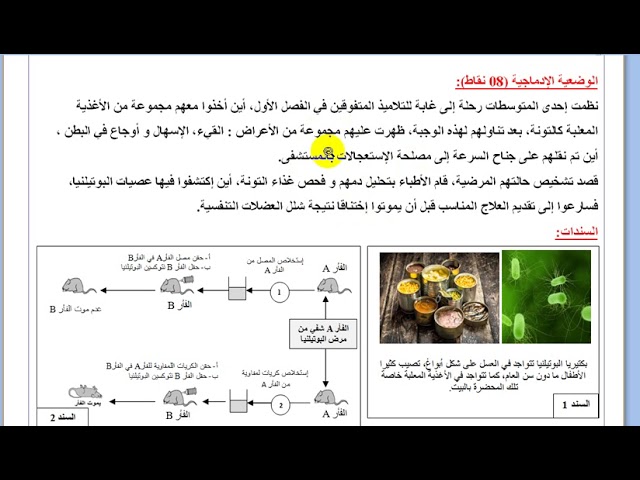 وضعية إدماجية رااائعه حول مرض التسمم الغذائي ( بكتيريا البوتينيلا ... الخط الدفاعي الثالث)