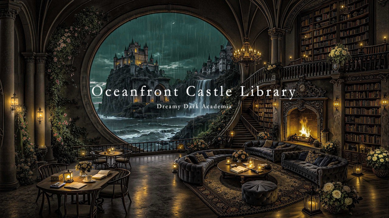 Rainy Oceanfront Castle Library Ambience with Cozy Fireplace | Dark Academia Music for Study & Focus