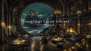 Rainy Oceanfront Castle Library Ambience with Cozy Fireplace | Dark Academia Music for Study & Focus screenshot 5