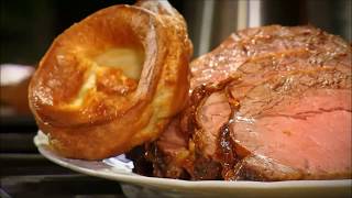 Marco pierre white demonstrates roast beef with yorkshire pudding.
