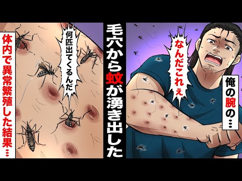 【漫画】蚊に皮膚の中に大量の卵を産み付けられて腕の中で孵化→毛穴から次々と蚊が飛び出した…「俺の体内に何匹いるんだ！」部屋の中が蚊でいっぱいになり…