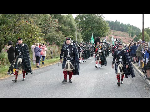 Lonach Highlanders start their 2023 march through Strathdon in Scotland during the Lonach Gathering