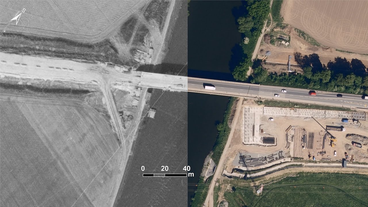 Ukázka vývoje stavby dálničního mostu na dálnici D55 a historie severozápadního obchvatu Napajedel.