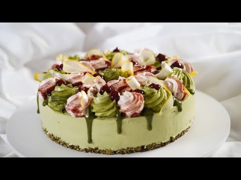 No-bake matcha cheesecake on matcha granola crust with raspberry and green tea gel swirls, from the video