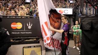 He's a toronto raptors interactive squad member with custom jersey and
lot of responsibilty for entertaining the crowd, but who is flag guy?