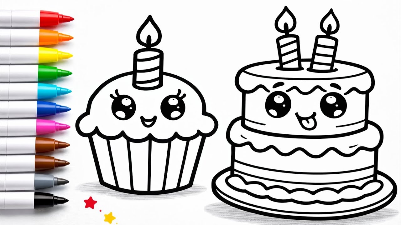 Как нарисовать торт и кекс ко дню рождения | Простой рисунок