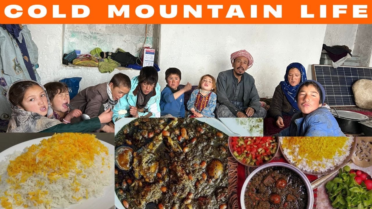 Surviving in the coldest parts of the mountains Cooking Qorme Sabzi Rice Village Life of Afghanistan