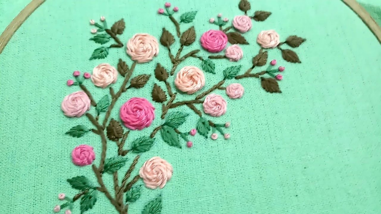 Hand embroidery pattern of roses with stem stitch - YouTube