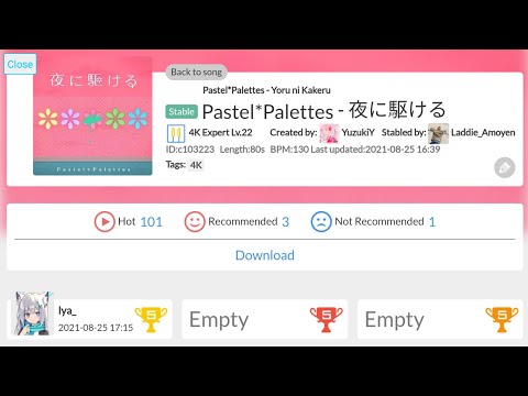 [Malody] - (Pastel*Palettes - 夜に駆ける)  (4K Expert Lv.22) (Acc 100%) (Judge C) (All Best)