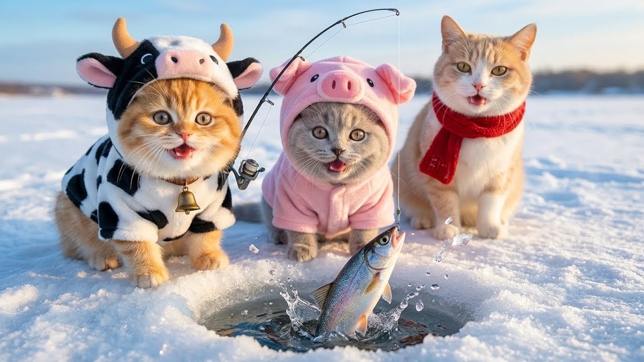 Kittens & Mama Cat Go Ice Fishing ❄️🐟  A Sweet and Warm Family Adventure