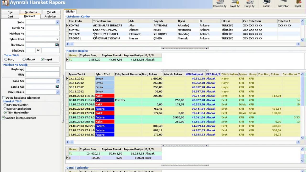 WOLVOX ERP programı ayrıntılı hareket raporu
