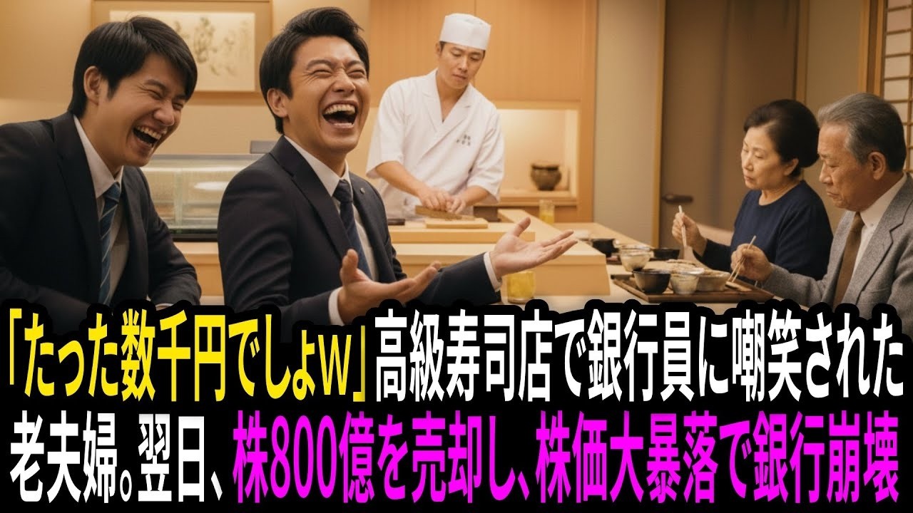 「どうせ数千円でしょｗ」高級寿司店で銀行員に嘲笑された老夫婦。翌日、株800億を売却し、まさかの大暴落で銀行崩壊…