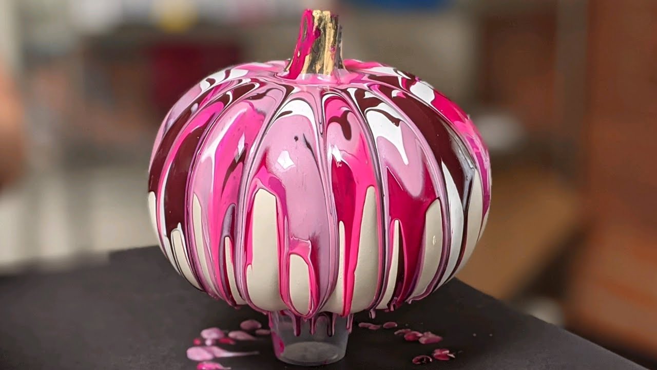 Acrylic Pour on a Pumpkin with Pinks! Breast Cancer Awareness Month