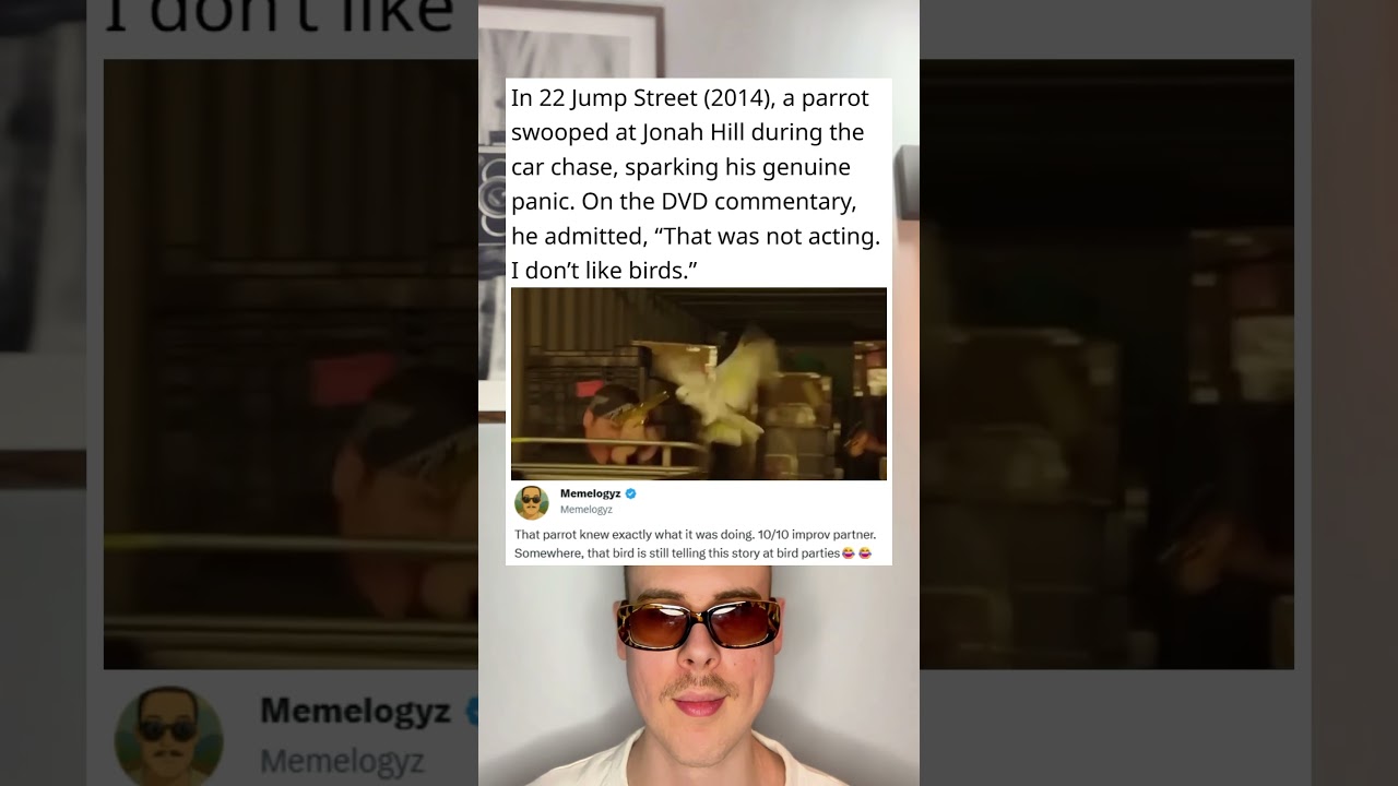 In 22 Jump Street (2014), a parrot swooped at Jonah Hill during the car chase, sparking his genuine