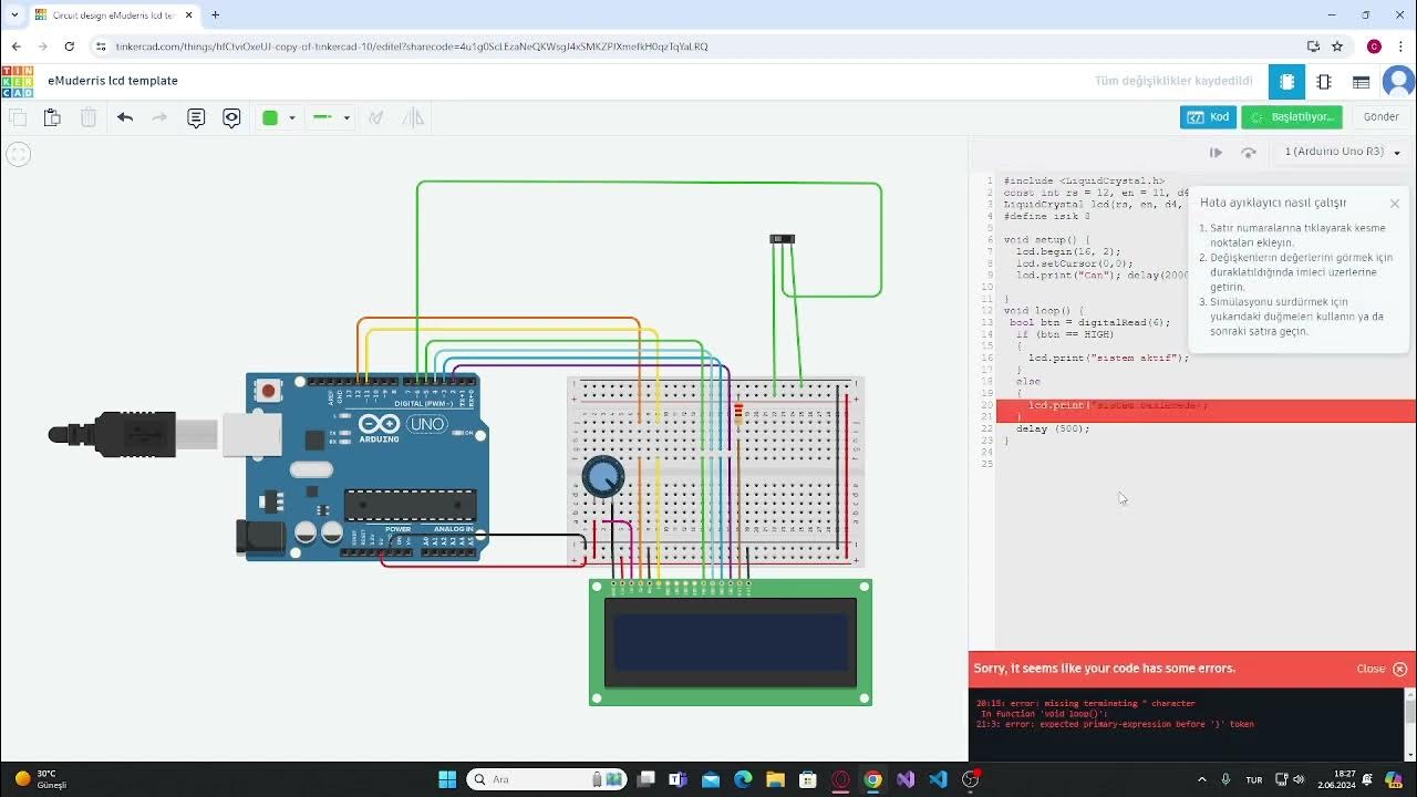 Arduino Mikro TinkerCad LCD Display ve digitalRead buton - YouTube