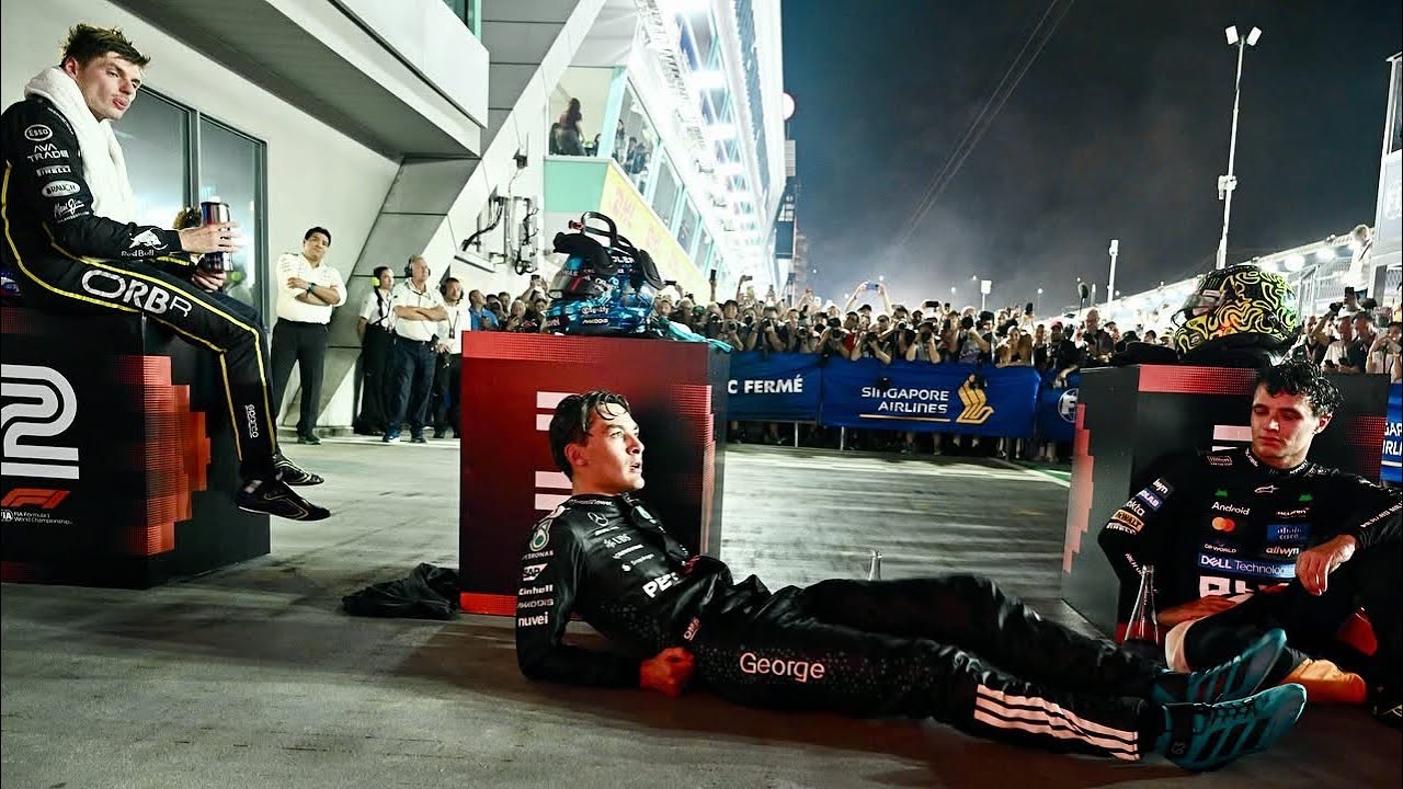 Макс Ферстаппен, Расселл и Ландо измотаны и с трудом держатся на ногах после жаркой гонки в Синга...