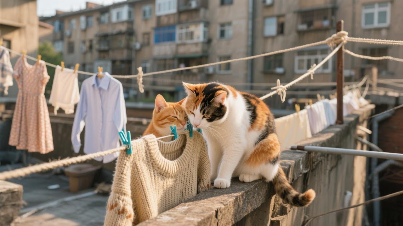 Beneath the drying line, a dance party just for the two kittens.🐱👚🌞