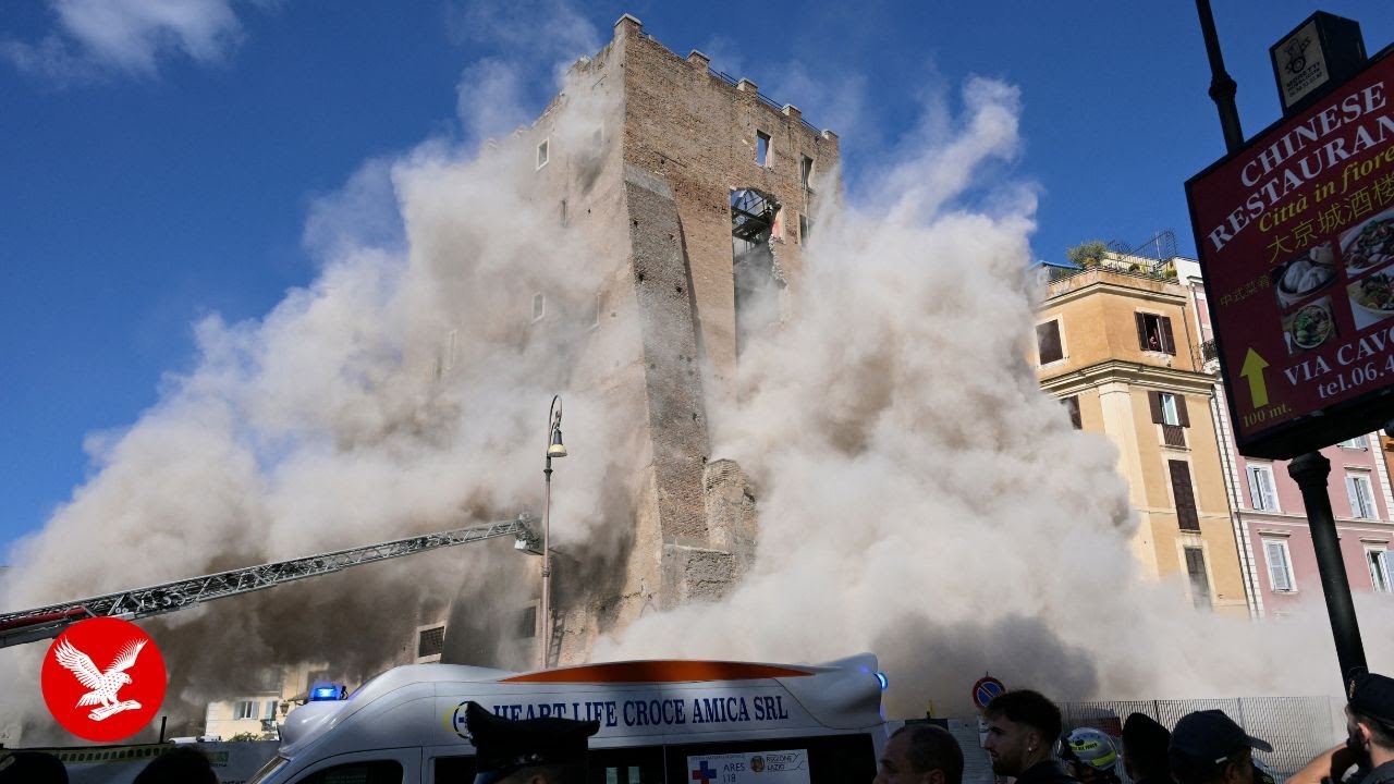 Moment Rome's 800-year-old tower Torre dei Conti collapses, killing one