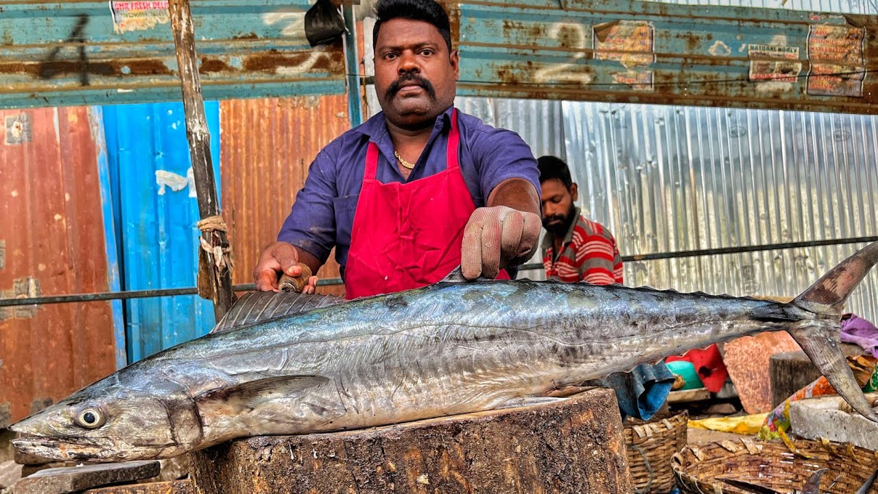KASIMEDU 🔥 SPEED SELVAM | HUGE KING SEER FISH CUTTING VIDEO | 4K VIDEO | KM FISH CUTTING