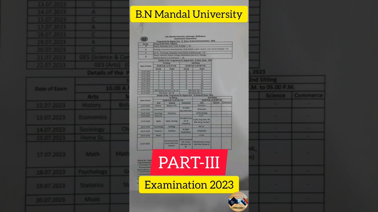 🎓B.N Mandal University, Part-3 Examination 2023 Routine 