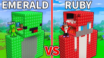 JJ and Mikey: EMERALD vs RUBY Head Statue Base Battle in Minecraft - Maizen