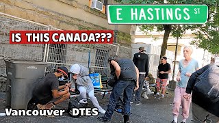 🇨🇦  4K Life Of Homeless in  Vancouver BC, Canada. July 2023. East Hastings Street.