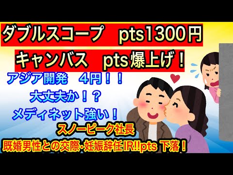 ダブルスコープpts1300円•キャンバスpts爆上げ!【アジア開発4円大丈夫か！？•メディネット強い！】スノーピーク社長/既婚男性との交際•妊娠辞任IR!!pts下落！！