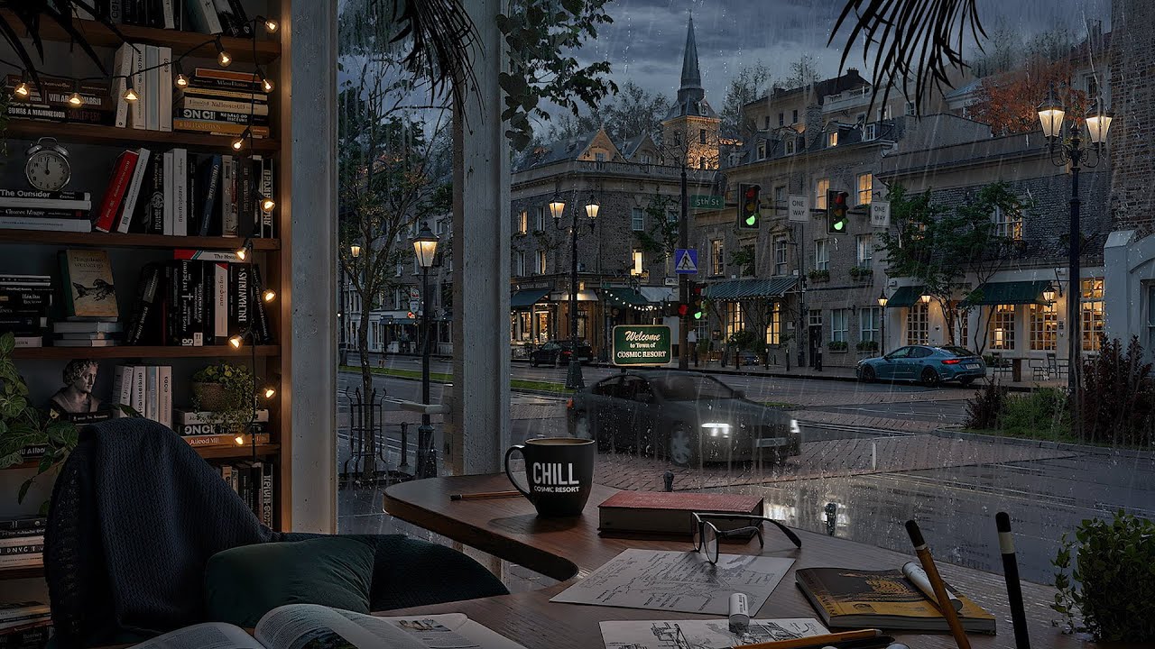 Study Room on a European Street - Rain and Distant Thunder Sounds -  Study Focus Relaxation Ambience