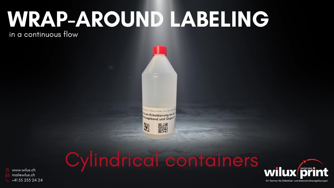Wrap-around labeling in a continuous flow of cylindrical containers | WILUX PRINT labeling machines