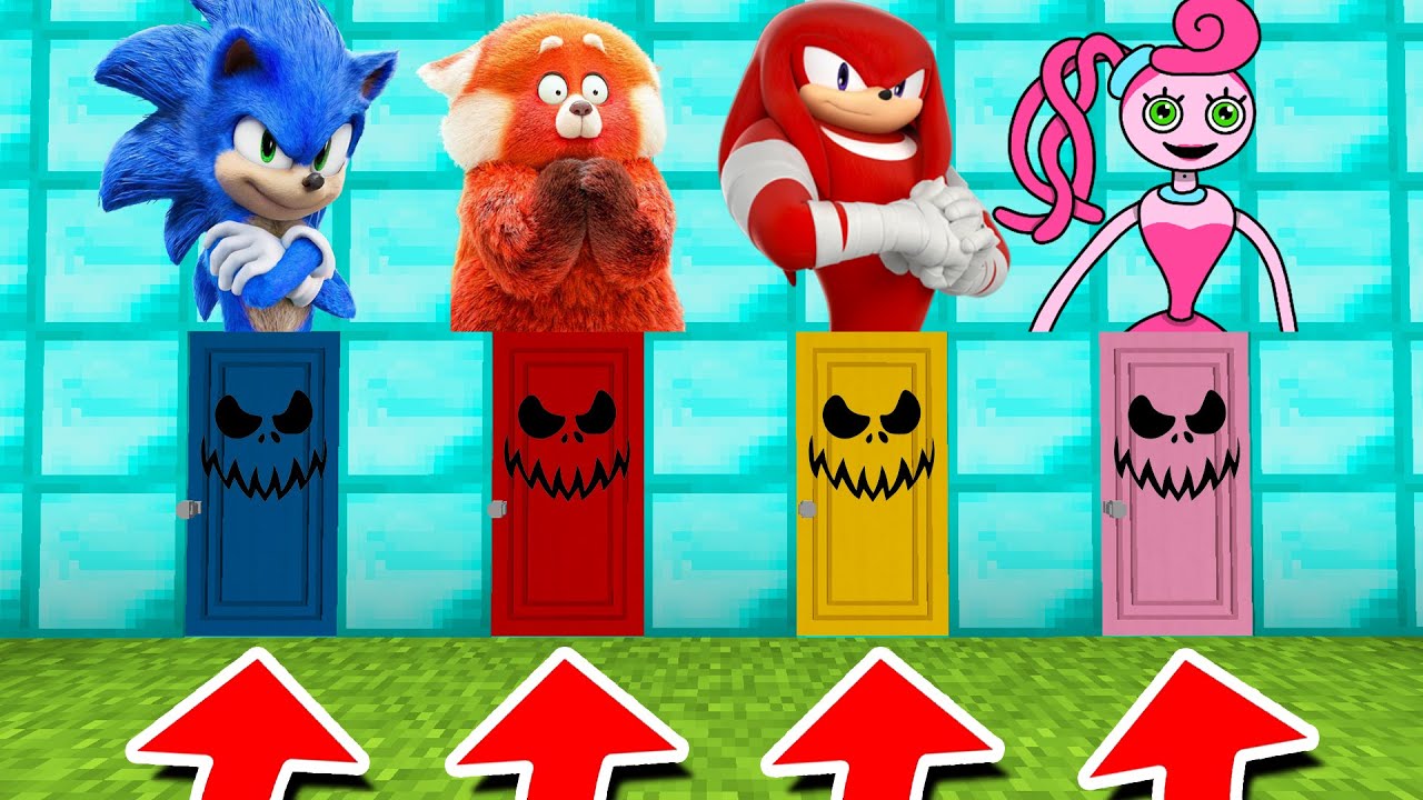 Minecraft PE : DO NOT CHOOSE THE WRONG SCARY DOOR! (Mommy Long legs, Turning Red & Sonic)