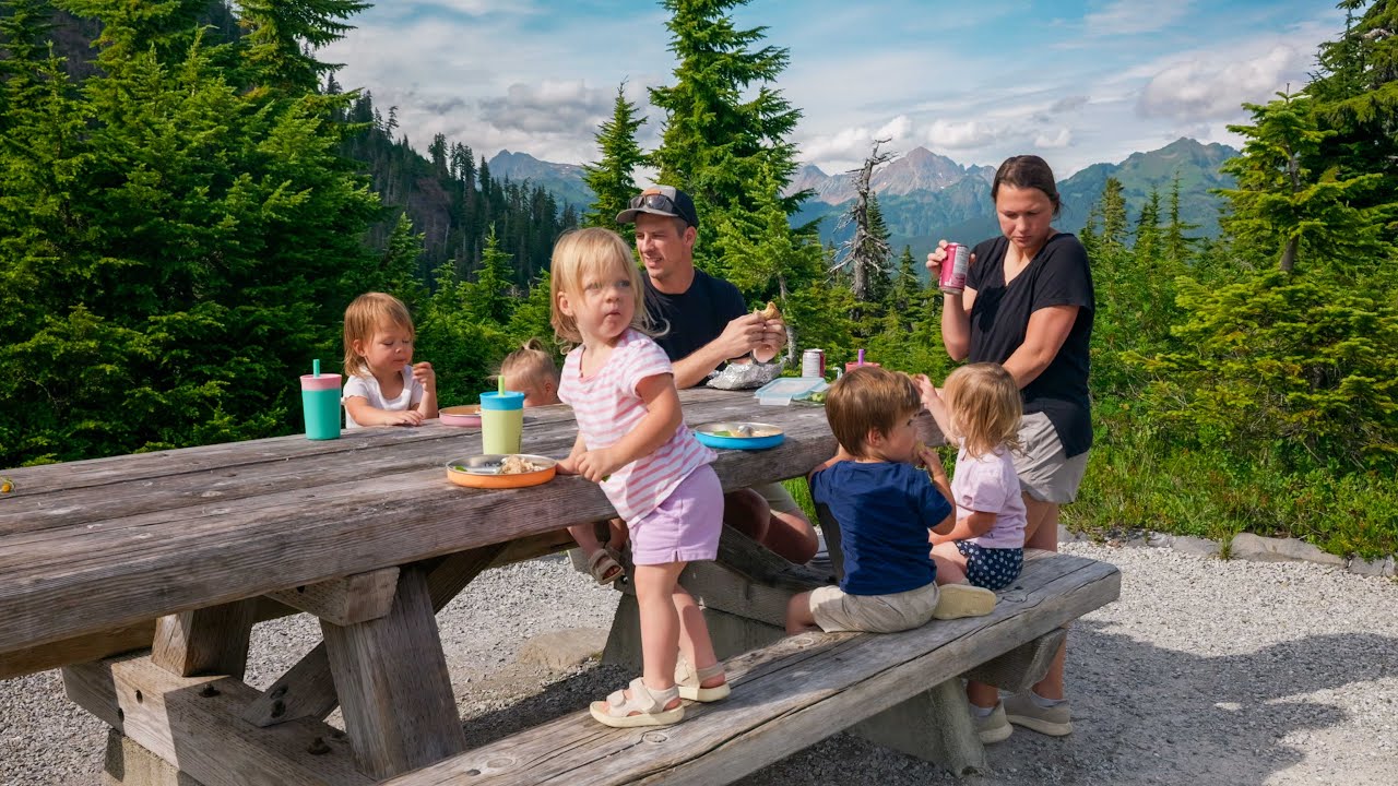 A summer picnic in the mountains with five toddlers
