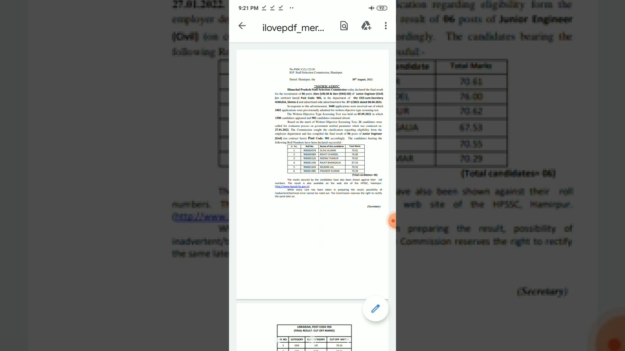 HPSSC Je Civil Final Result