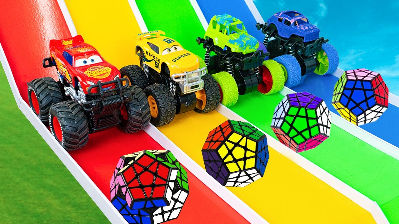 Long Slide Game With Monster Trucks, Lightning McQueen | Diy Mini Tractor | Science Project
