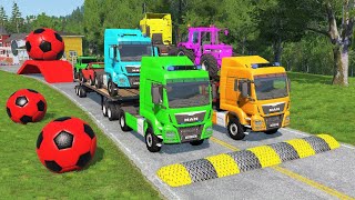 Double Flatbed Trailer Truck vs Speedbumps Train vs Cars | Tractor vs Train Beamng.Drive 032