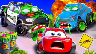 Big & Small:McQueen and Mater VS Rod-Torque and Police ZOMBIE slime apocalypse cars in BeamNG.drive screenshot 1