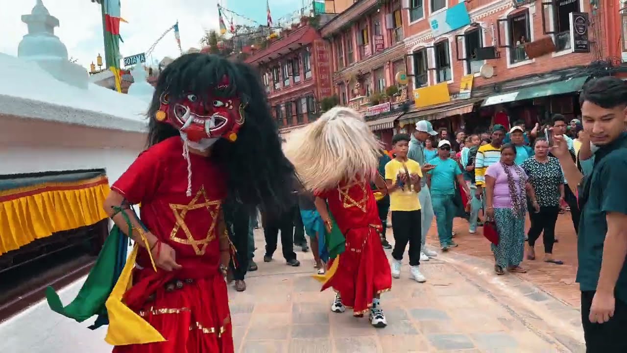 Lakhey Dance in Boudhanath Stupa Nepal #cuteLakhey #threeLakhey #relimaiRelimai