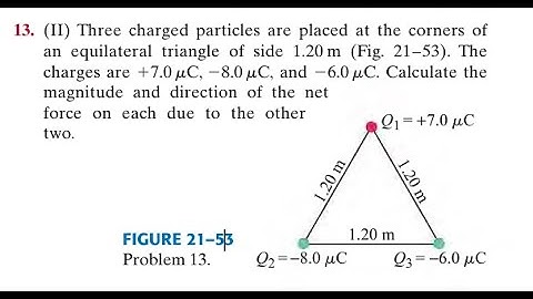 Three charged particles are placed at the corners of an equilateral triangle of side 1.20 (Fig. The