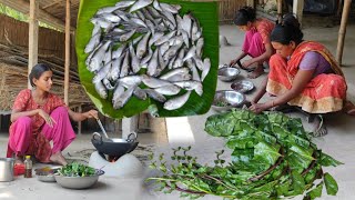 Santali TRIBAL GIRL cooking SMALL FISH recipe with fresh PUISHAK | How to cook small fish recipe