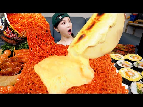 Mukbang ASMR Giant Raclette Cheese Korean Fire Ramen With Corn Cheese Gimbap Recipe Ssoyoung 