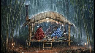 CAMPING DURING HEAVY RAIN WITH THE CRAZIEST THUNDER  struggling to build a warm bamboo