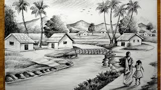 how to draw easy pencil sketch scenery,landscape pahar and river side scenery drawing,pencil drawing