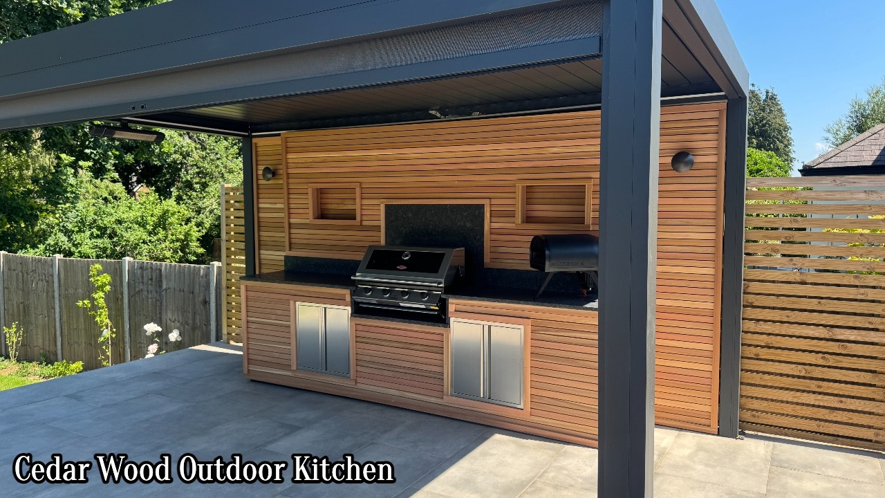 Cedar Wood Outdoor Kitchen | Barbeque | Hidden Beer Fridge | Gozney Pizza Oven | LED Alcoves |