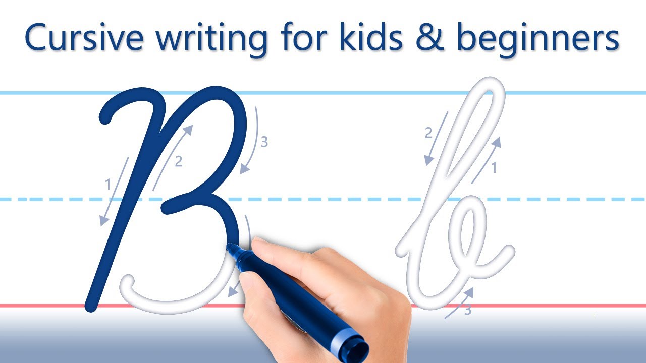 How to write letter "B". Cursive writing for kids and beginners.  Handwriting practice.