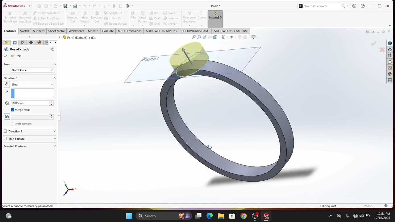 GOLDEN RING  DESIGN | SOLIDWORKS 2025 USING REVOLVE BOSS BASE | EXTRUDE COMMAND |