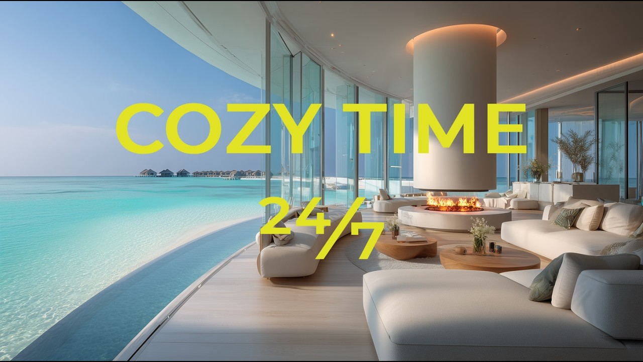 4K Cozy Tropical Jazz 24/7, Luxury Ocean Lounge with Fireplace | Relaxing Music for Work & Sleep