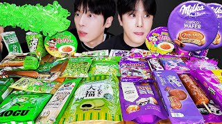 ASMR MUKBANG | GALAXY HONEY JELLY CANDY Desserts ( Purple VS Green Food, Noodles Jelly, Ice cream)