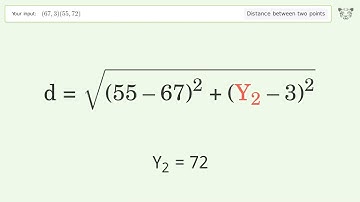 Find the distance between two points p1 (67,3) and p2 (55,72): Step-by-Step Video Solution